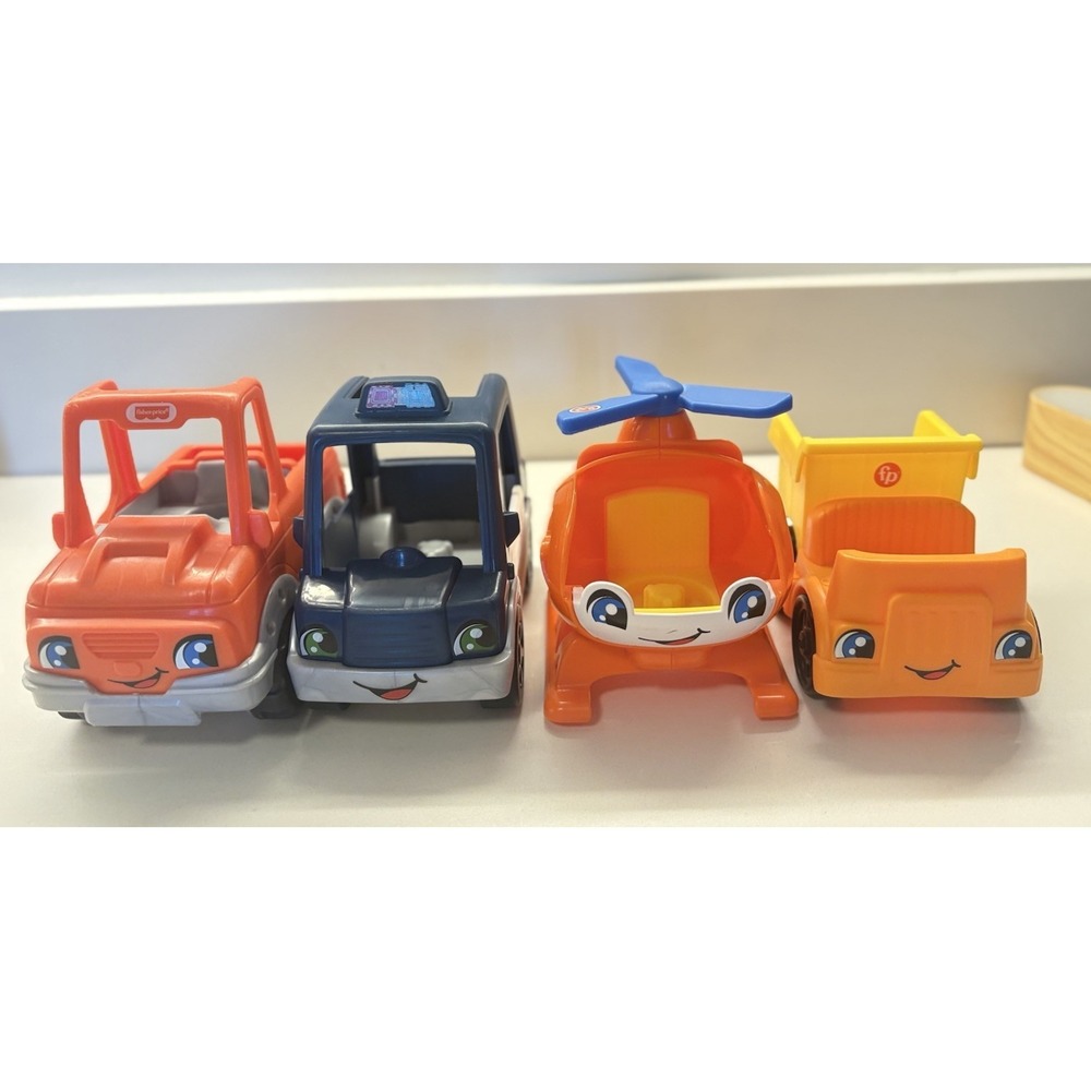 4 Fisher Price Little People Toy Vehicles Helicopter , Police,dump And Truck